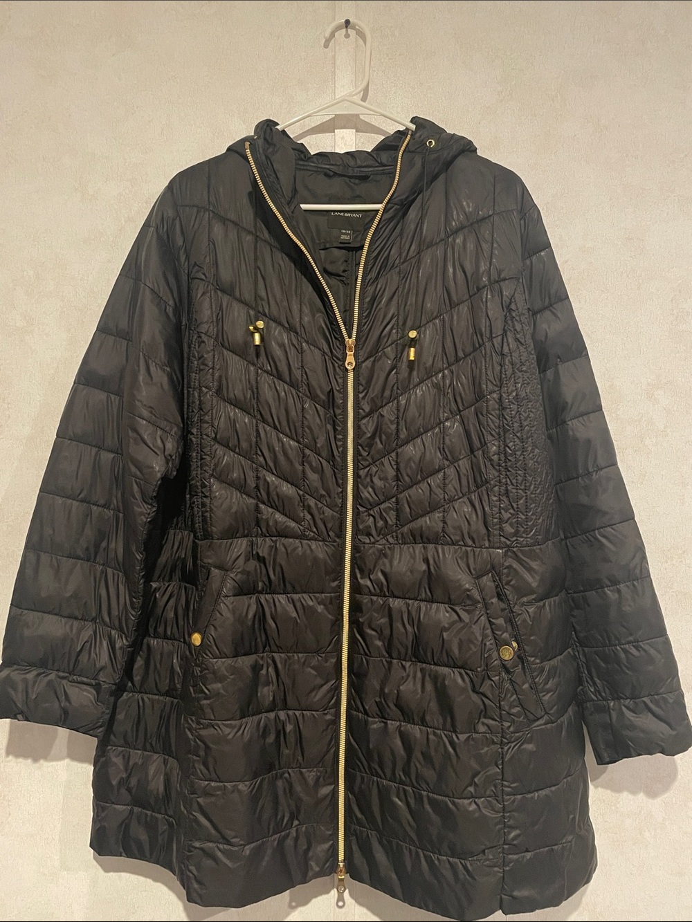 LANE BRYANT Women’s Black Quilted Hooded Puffer Coat with Gold Accents